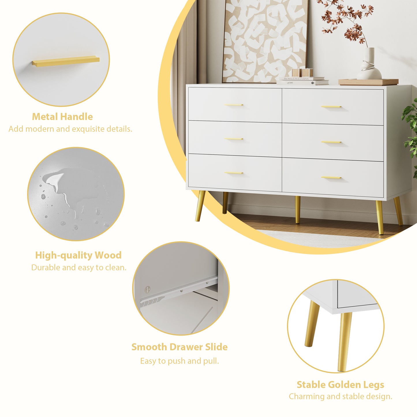6 Drawer Double Dresser, Wood Storage Cabinet with Metal Handles for Living Room,Bedroom