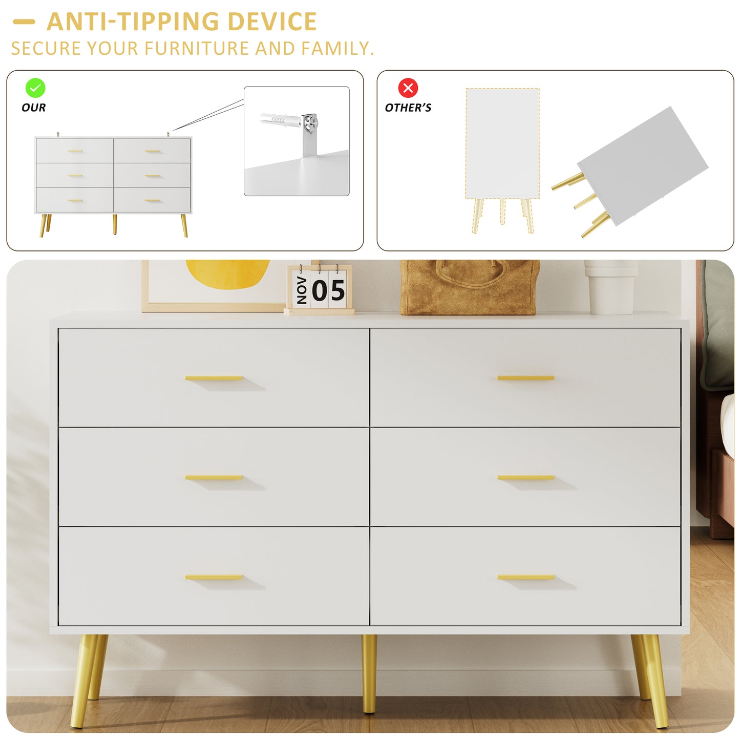 6 Drawer Double Dresser, Wood Storage Cabinet with Metal Handles for Living Room,Bedroom