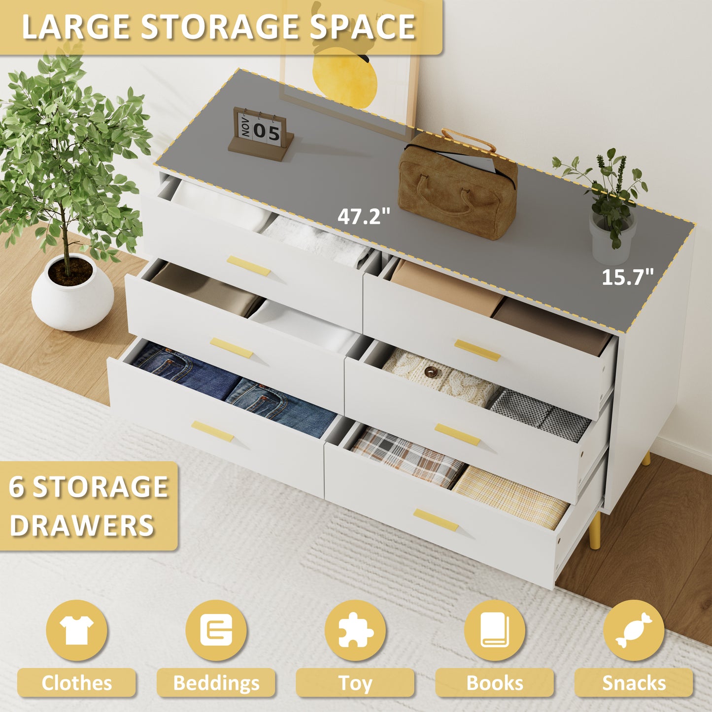 6 Drawer Double Dresser, Wood Storage Cabinet with Metal Handles for Living Room,Bedroom