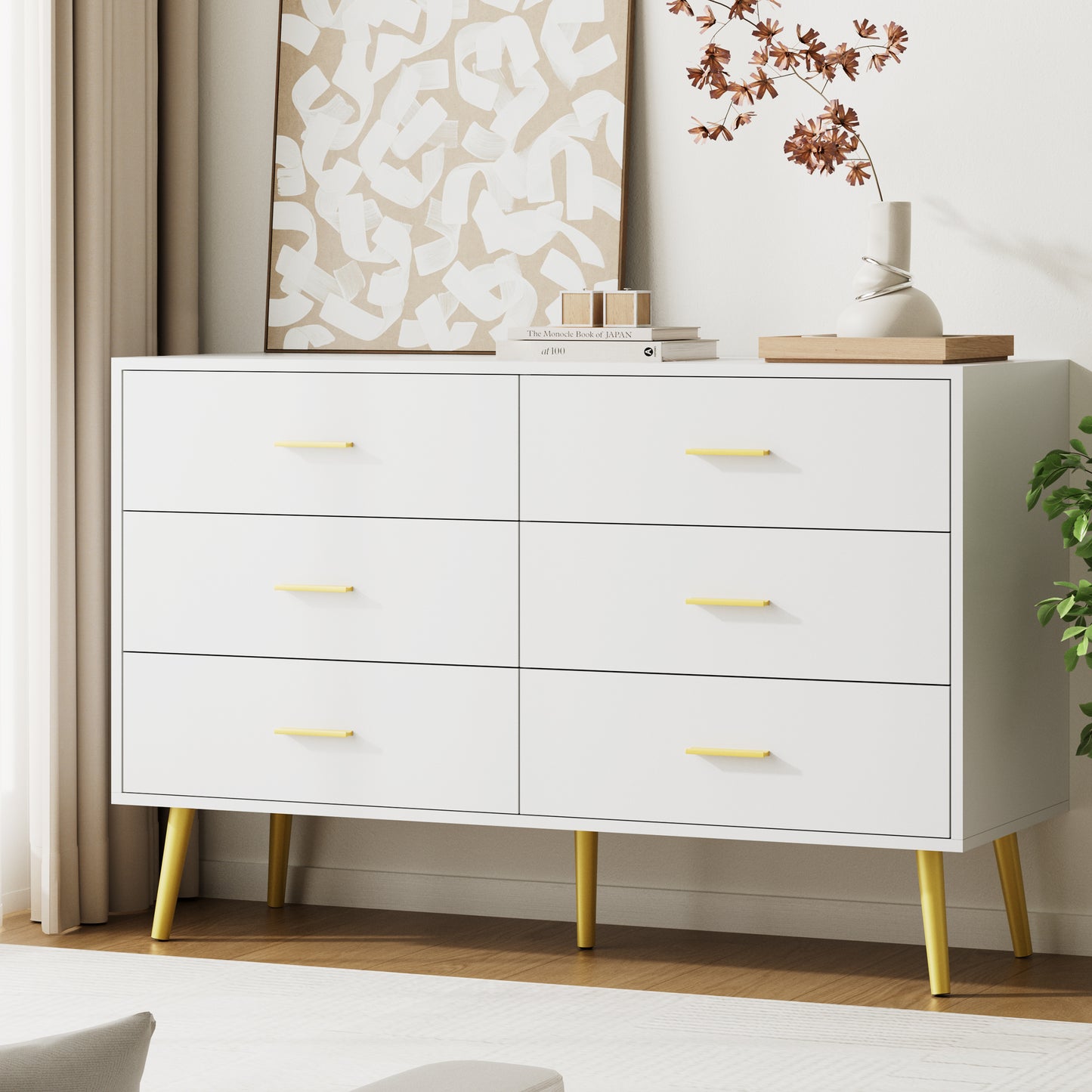 6 Drawer Double Dresser, Wood Storage Cabinet with Metal Handles for Living Room,Bedroom
