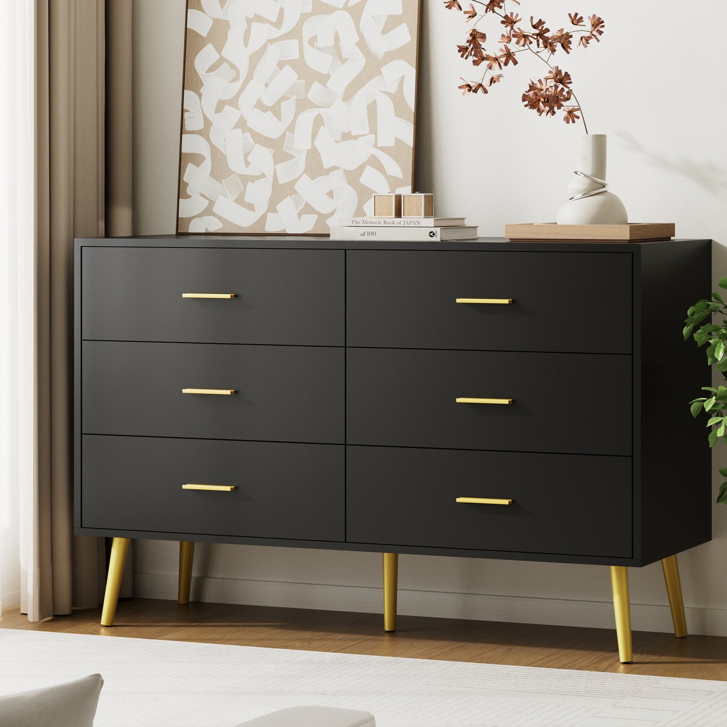 6 Drawer Double Dresser, Wood Storage Cabinet with Metal Handles for Living Room,Bedroom