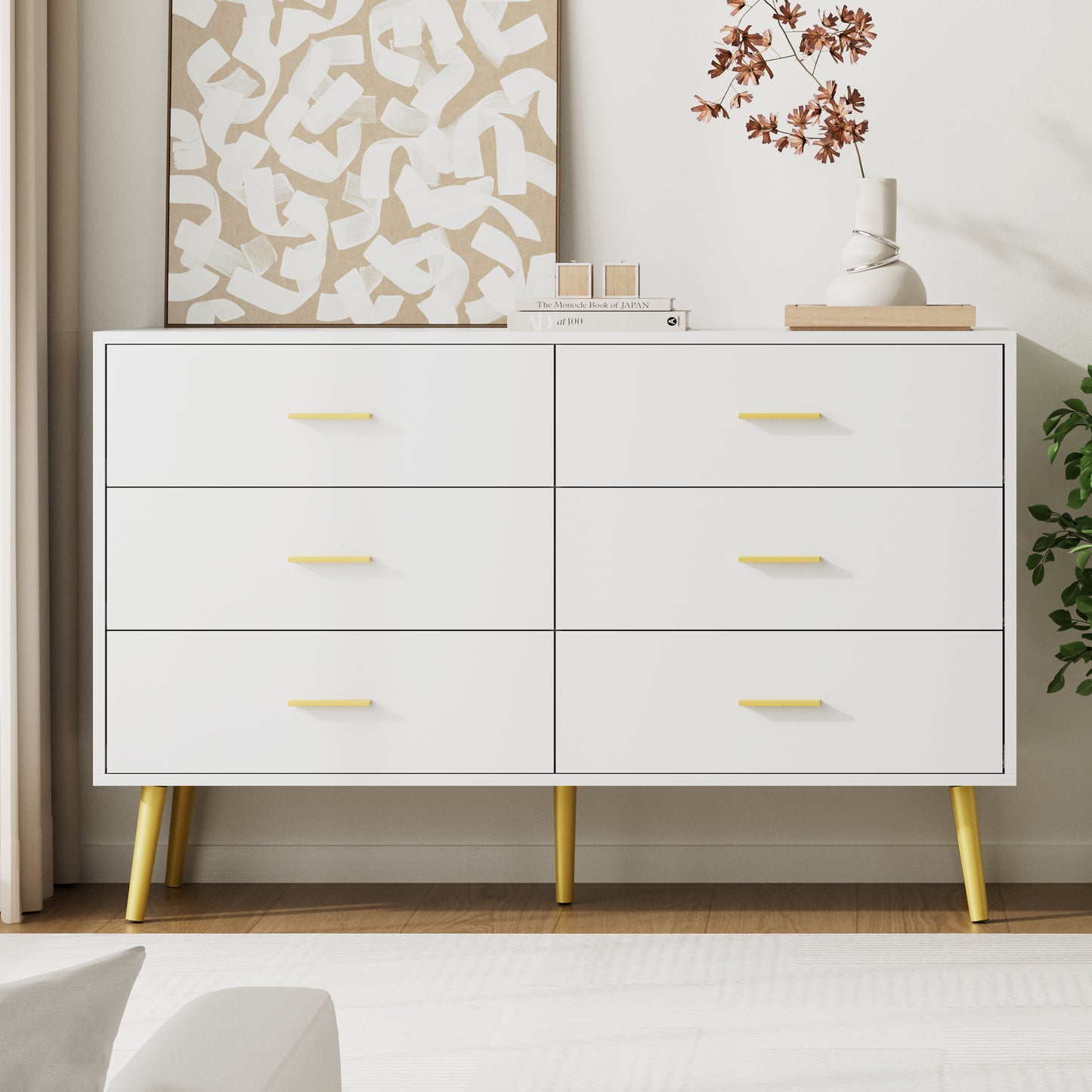 6 Drawer Double Dresser, Wood Storage Cabinet with Metal Handles for Living Room,Bedroom
