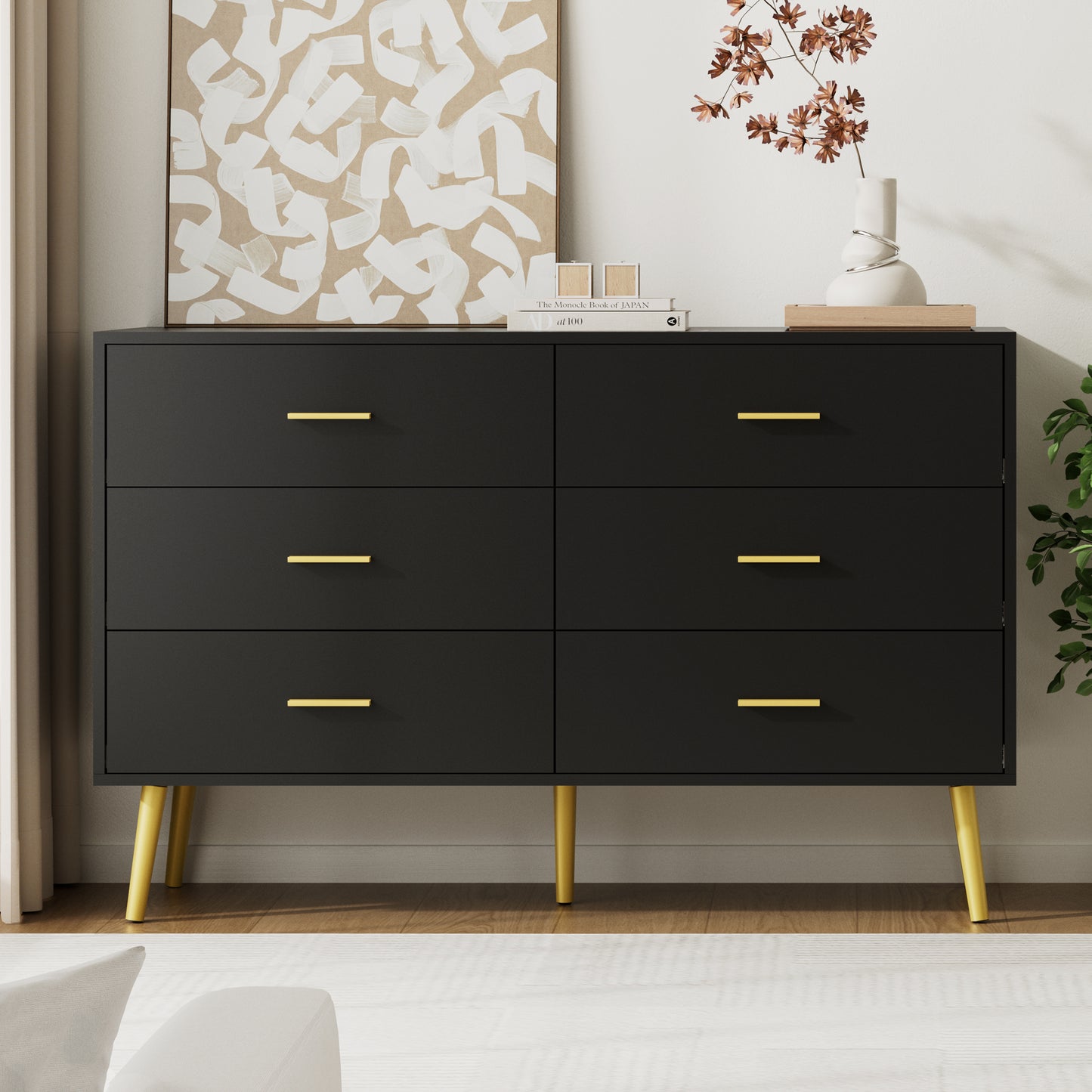 6 Drawer Double Dresser, Wood Storage Cabinet with Metal Handles for Living Room,Bedroom