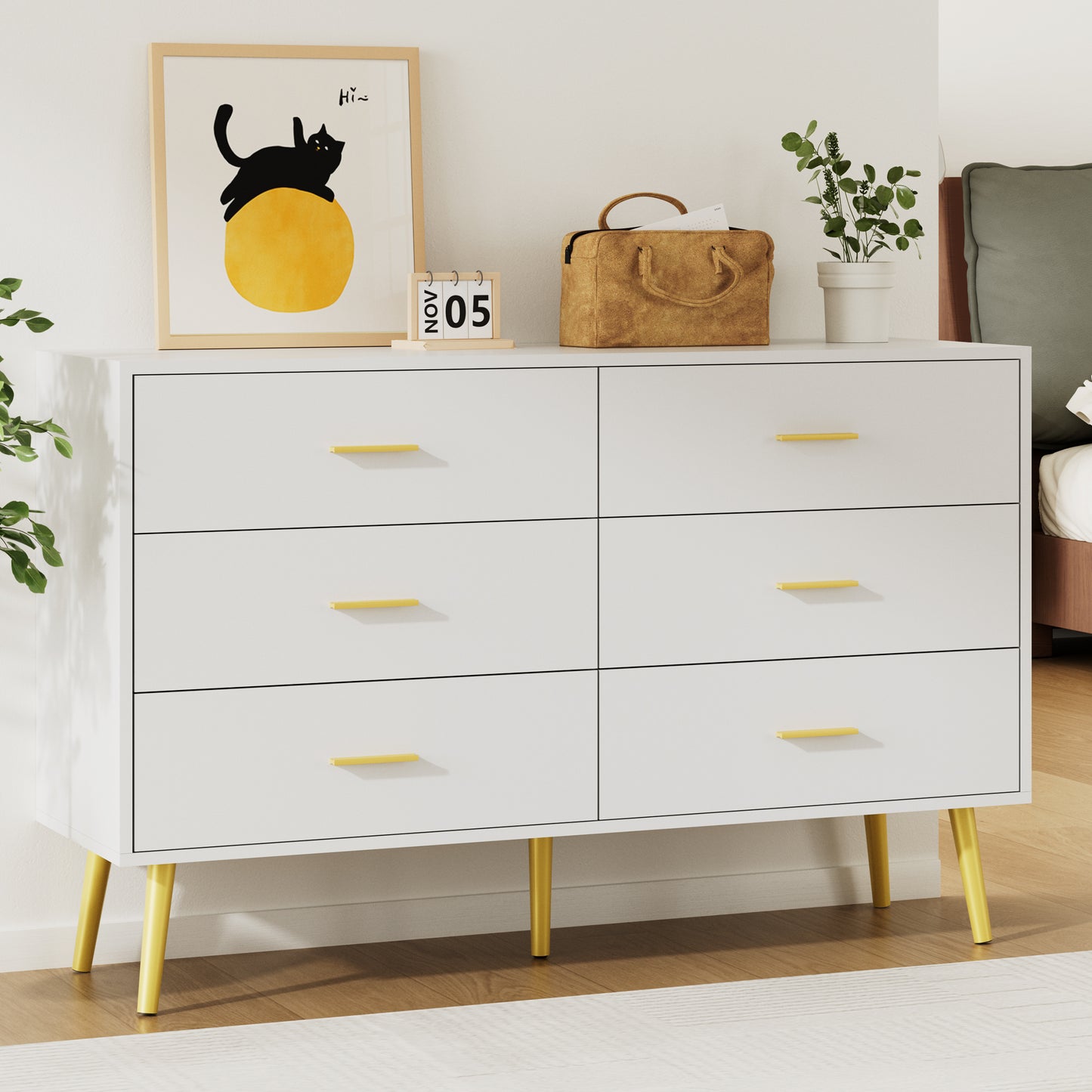 6 Drawer Double Dresser, Wood Storage Cabinet with Metal Handles for Living Room,Bedroom