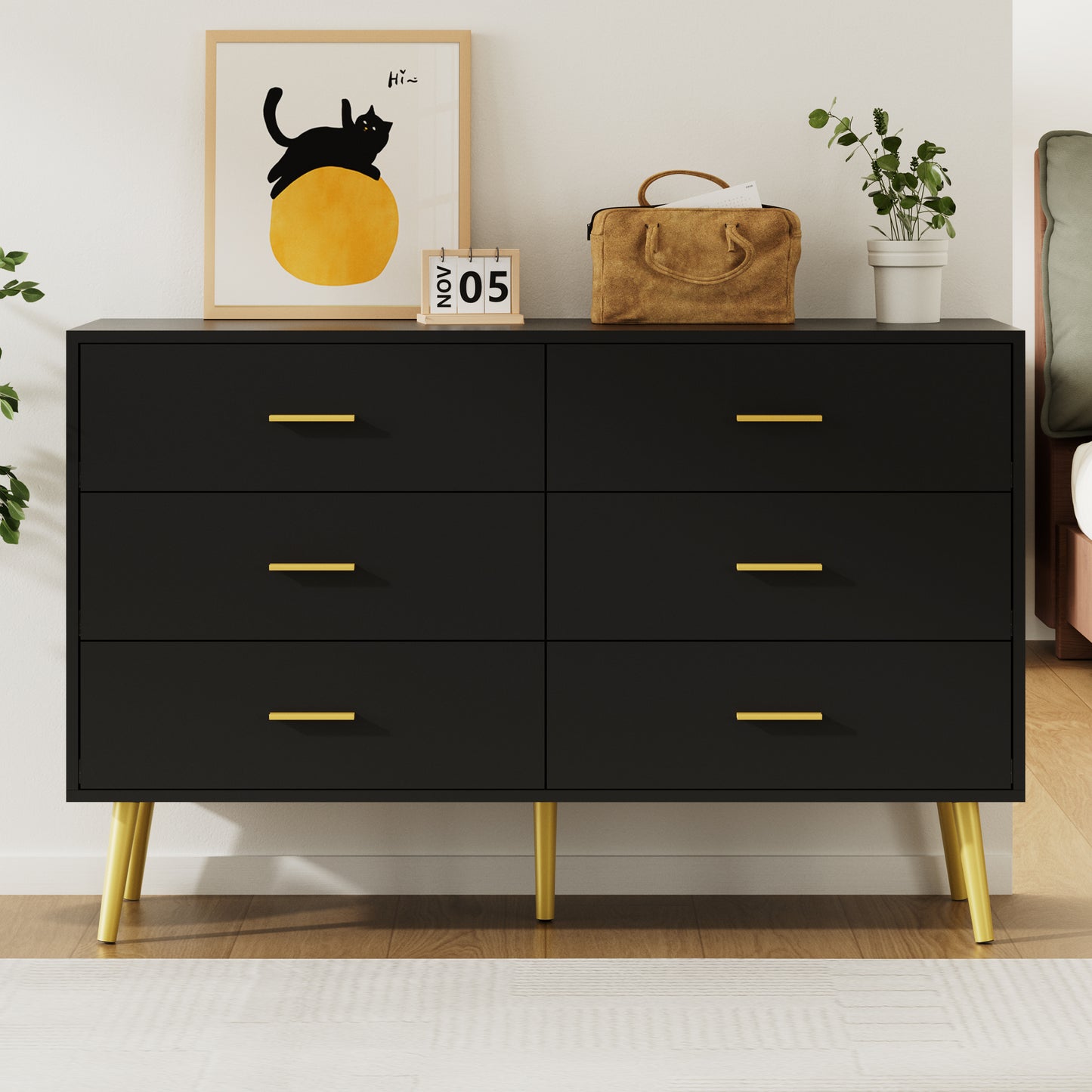 6 Drawer Double Dresser, Wood Storage Cabinet with Metal Handles for Living Room,Bedroom