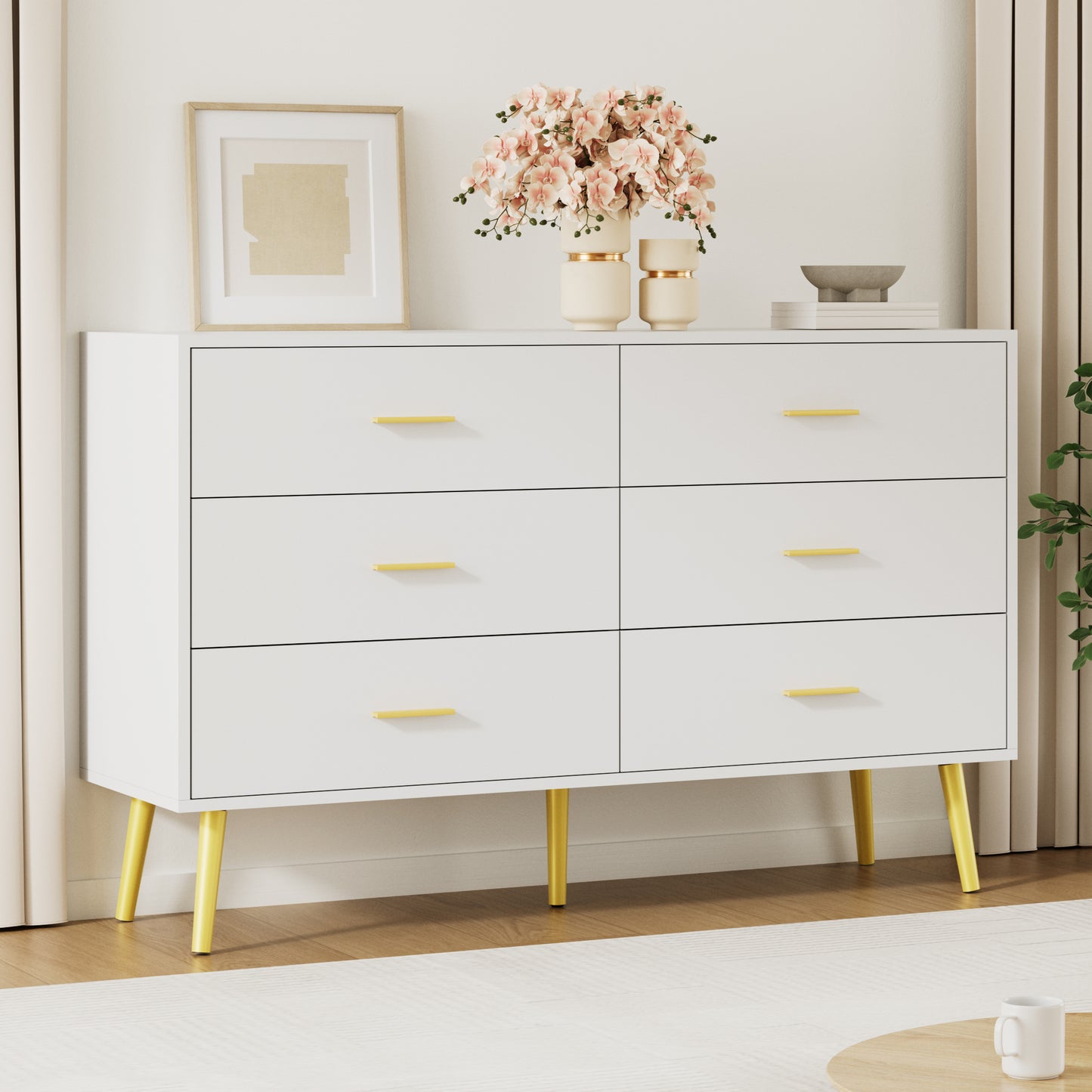 6 Drawer Double Dresser, Wood Storage Cabinet with Metal Handles for Living Room,Bedroom