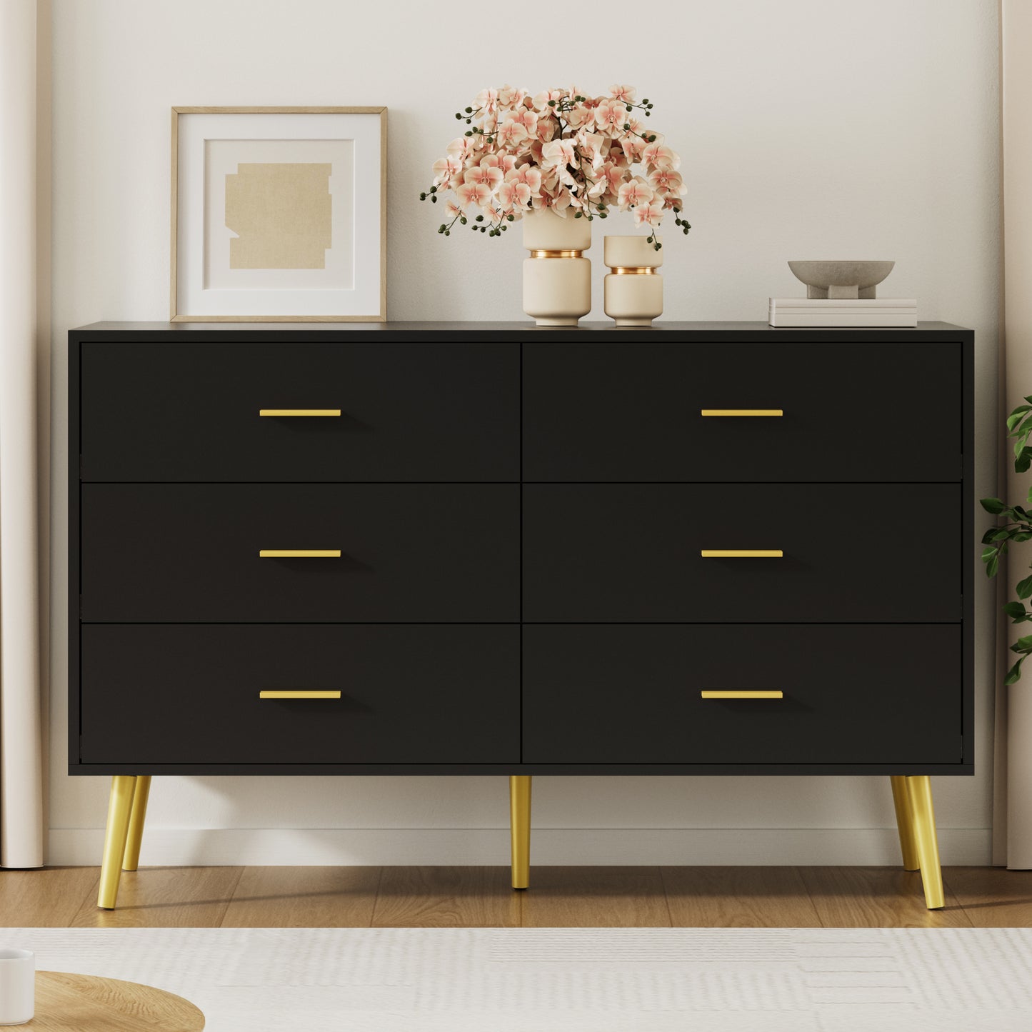 6 Drawer Double Dresser, Wood Storage Cabinet with Metal Handles for Living Room,Bedroom