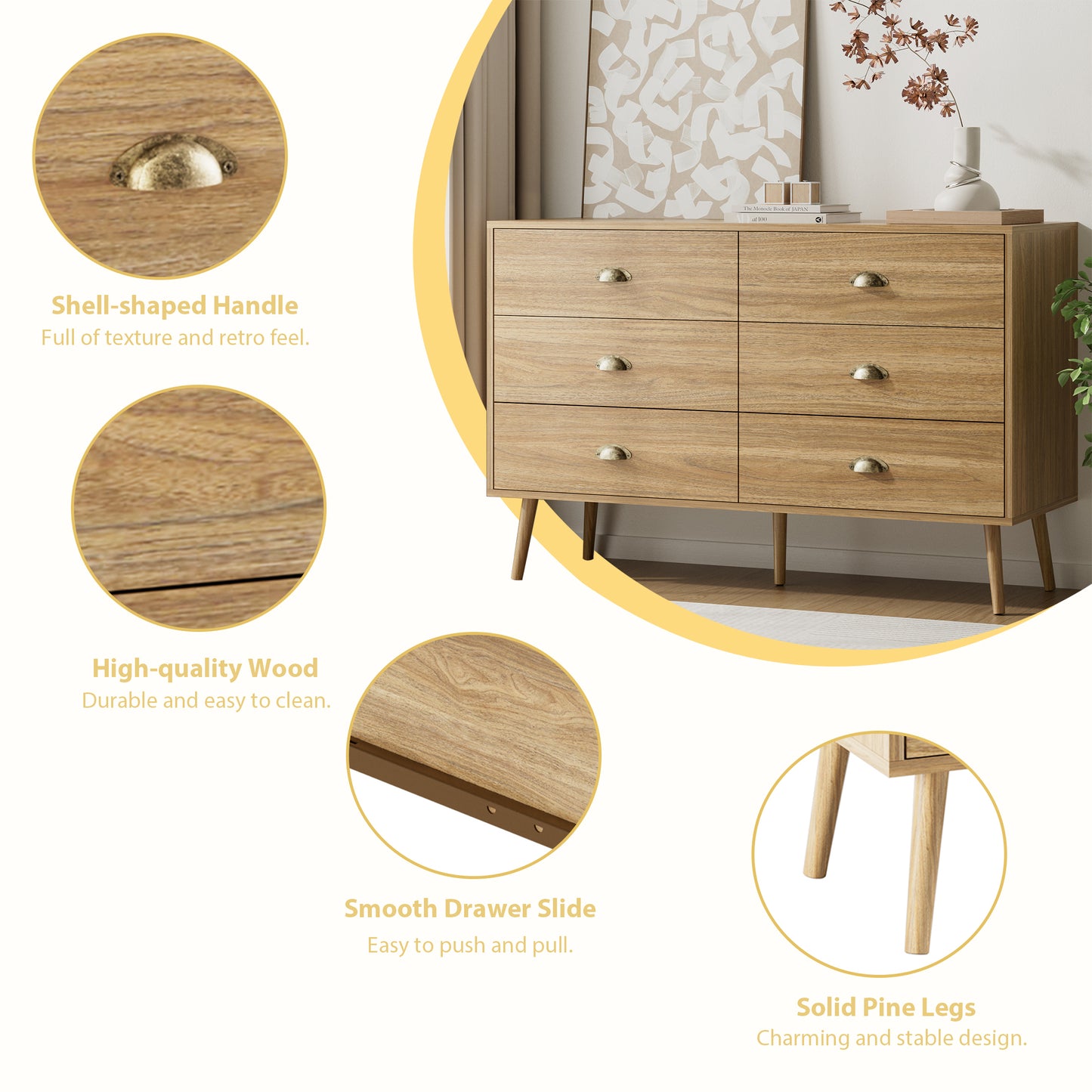 Mid-Century 6 Drawer Dresser with Shell-shape Handles,Wood Storage Cabinet for Living Room,Bedroom