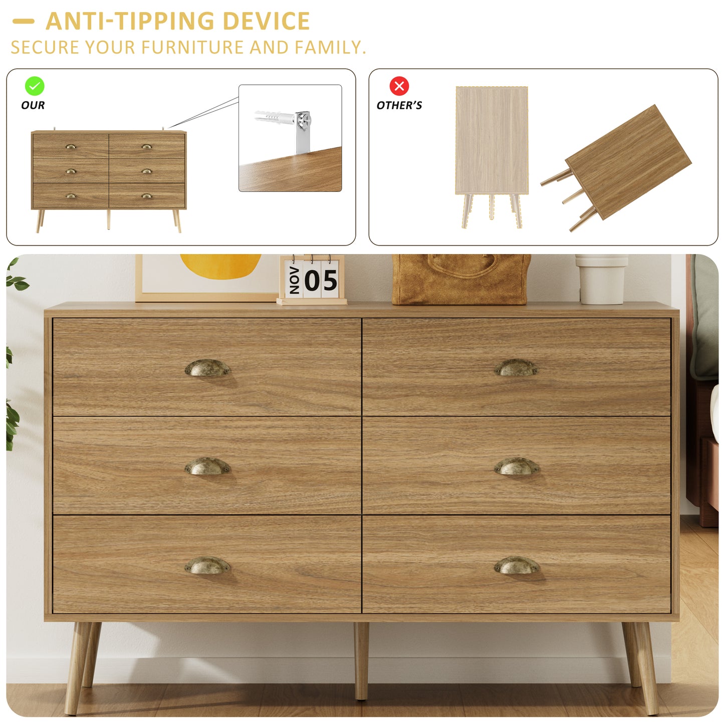 Mid-Century 6 Drawer Dresser with Shell-shape Handles,Wood Storage Cabinet for Living Room,Bedroom