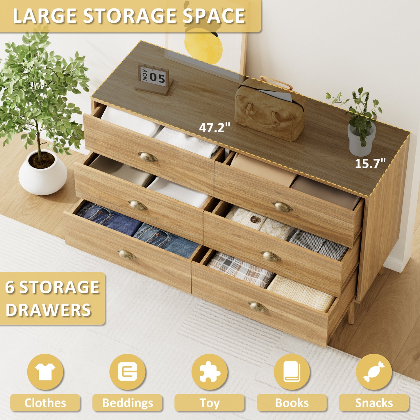 Mid-Century 6 Drawer Dresser with Shell-shape Handles,Wood Storage Cabinet for Living Room,Bedroom