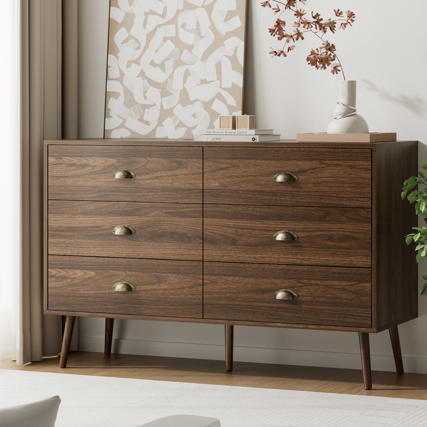 Mid-Century 6 Drawer Dresser with Shell-shape Handles,Wood Storage Cabinet for Living Room,Bedroom