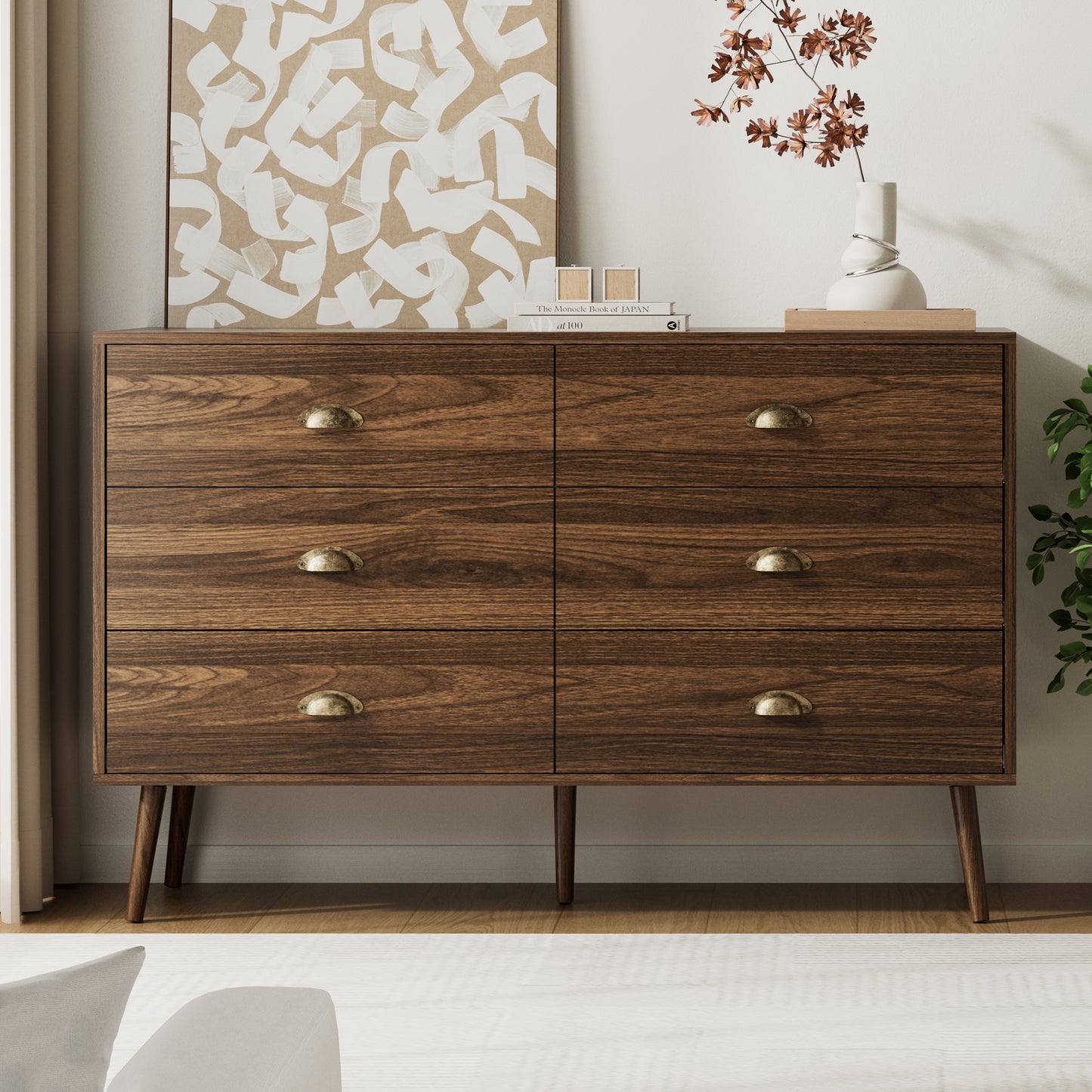 Mid-Century 6 Drawer Dresser with Shell-shape Handles,Wood Storage Cabinet for Living Room,Bedroom