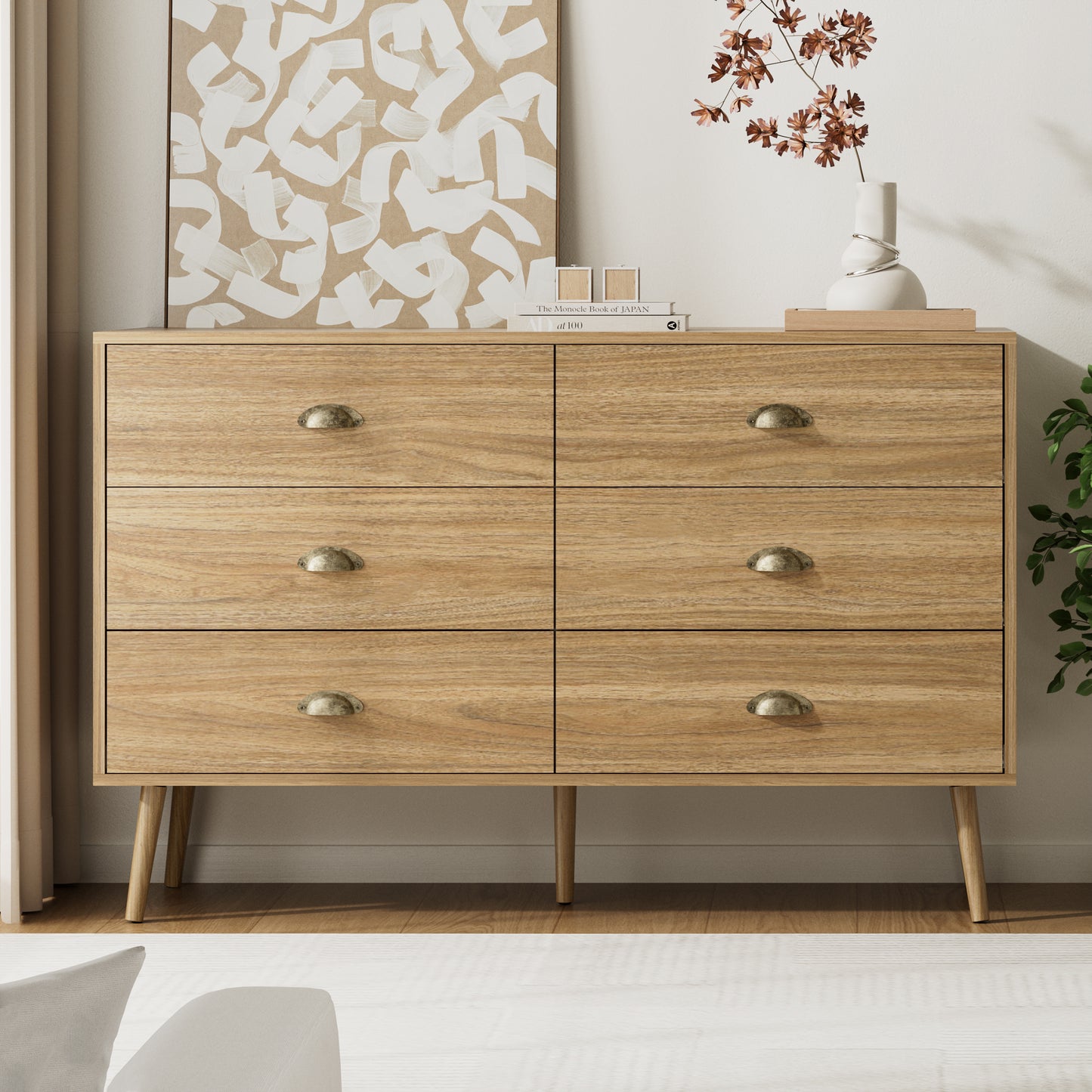 Mid-Century 6 Drawer Dresser with Shell-shape Handles,Wood Storage Cabinet for Living Room,Bedroom