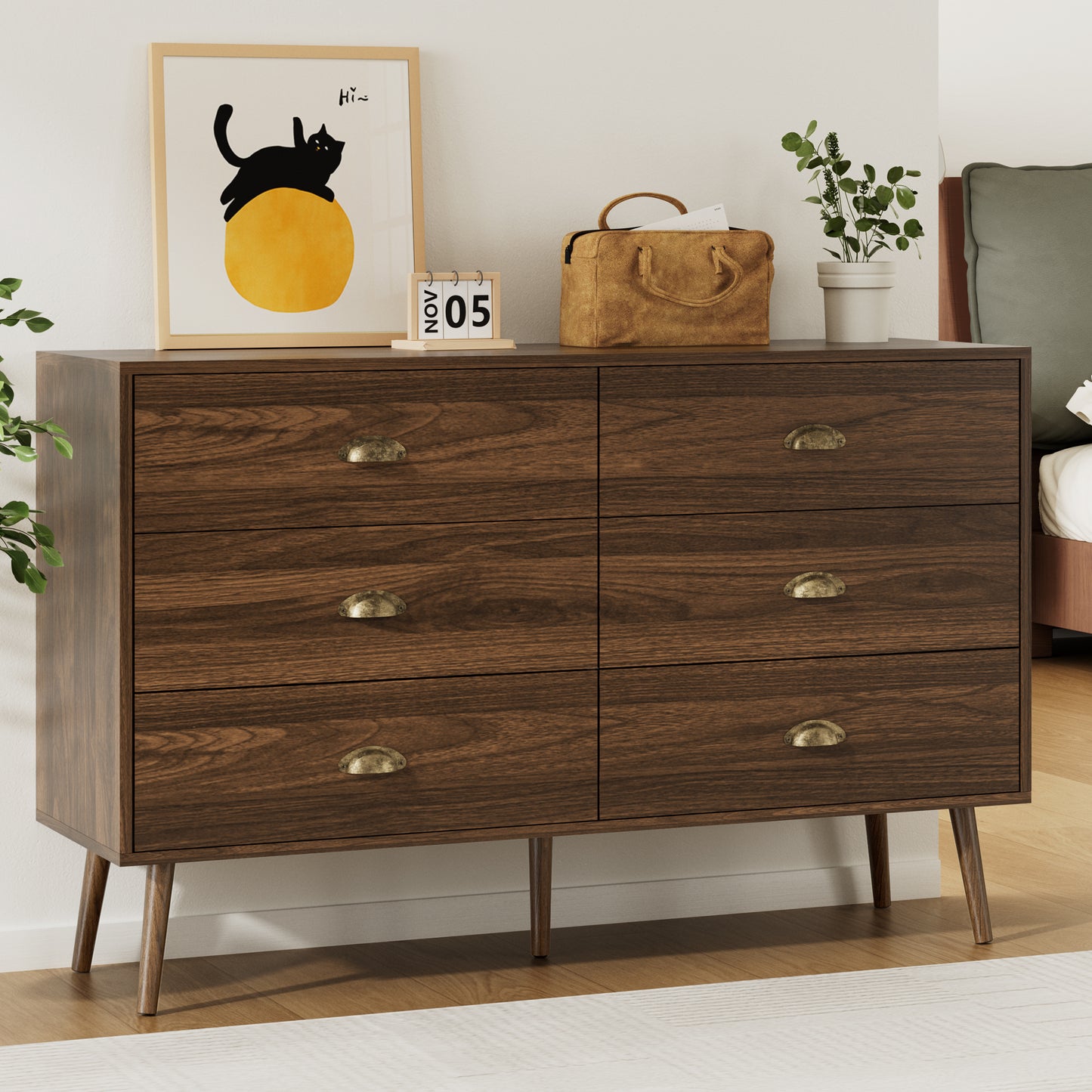Mid-Century 6 Drawer Dresser with Shell-shape Handles,Wood Storage Cabinet for Living Room,Bedroom