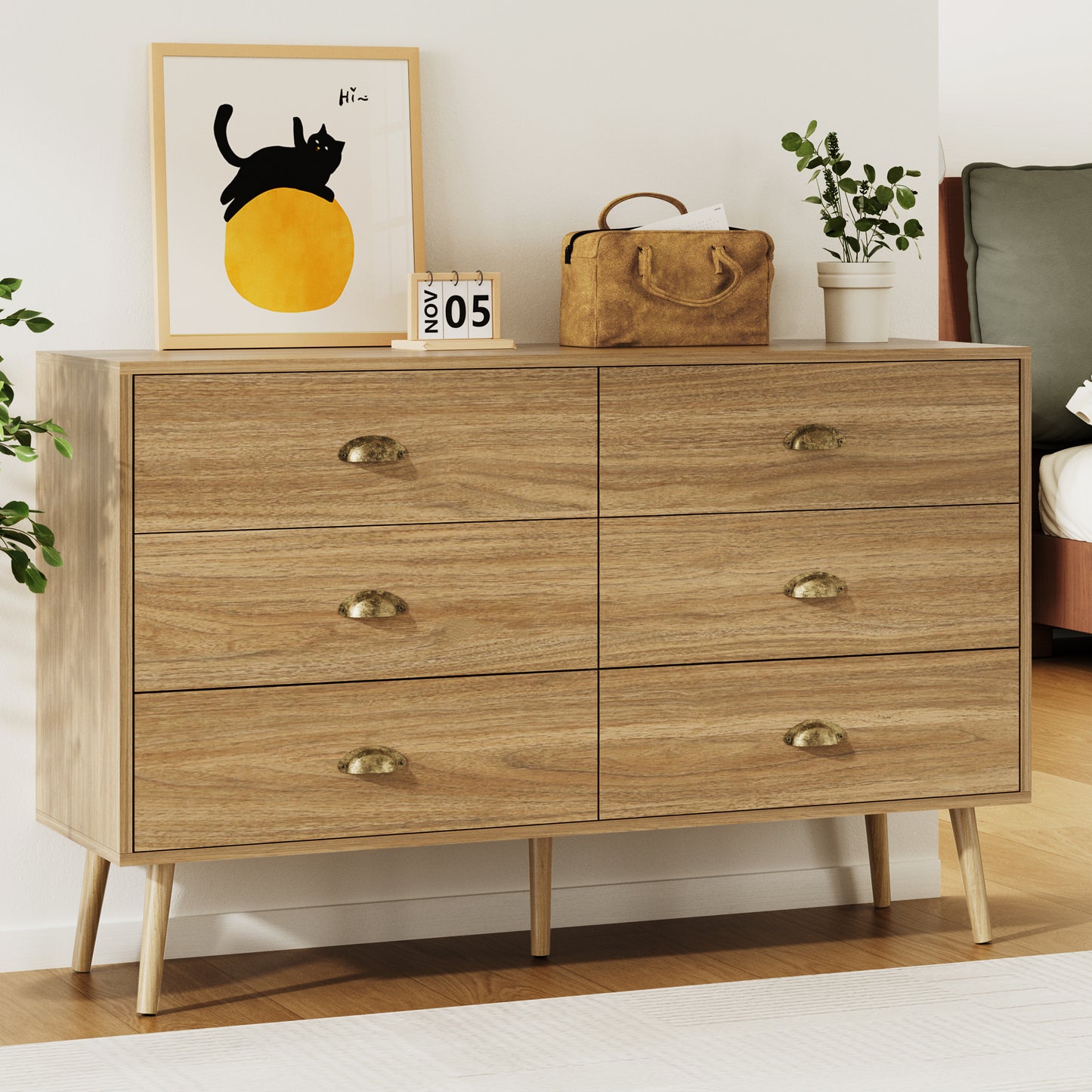 Mid-Century 6 Drawer Dresser with Shell-shape Handles,Wood Storage Cabinet for Living Room,Bedroom