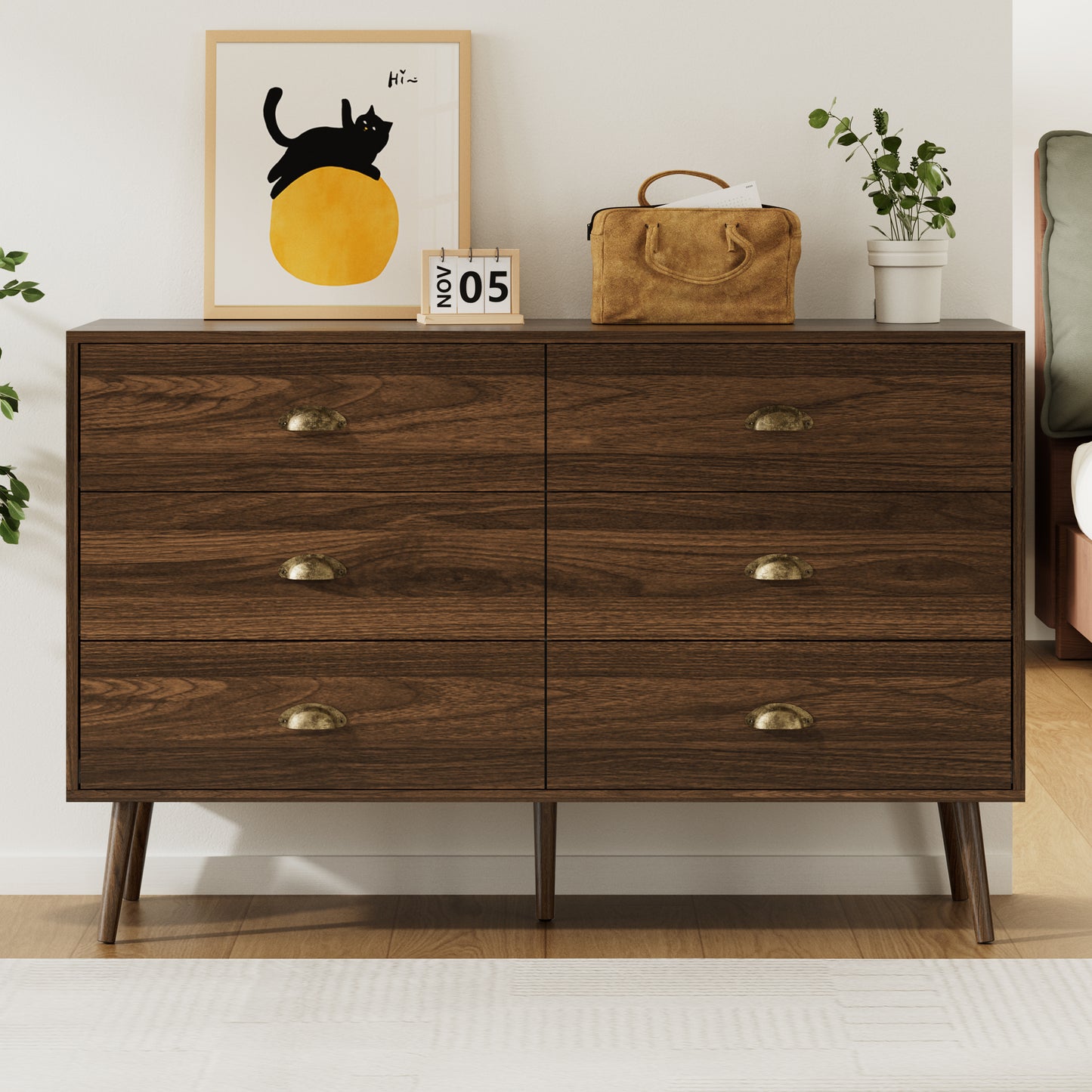 Mid-Century 6 Drawer Dresser with Shell-shape Handles,Wood Storage Cabinet for Living Room,Bedroom