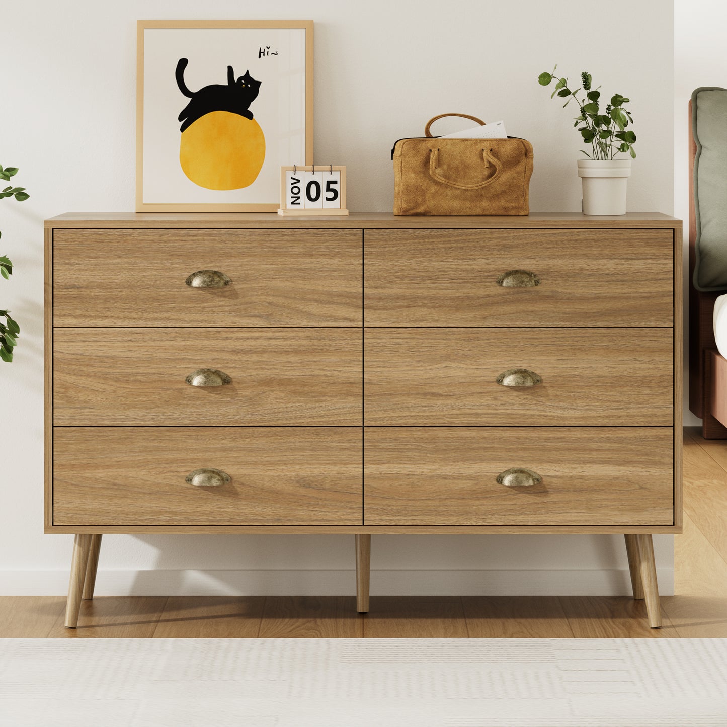 Mid-Century 6 Drawer Dresser with Shell-shape Handles,Wood Storage Cabinet for Living Room,Bedroom