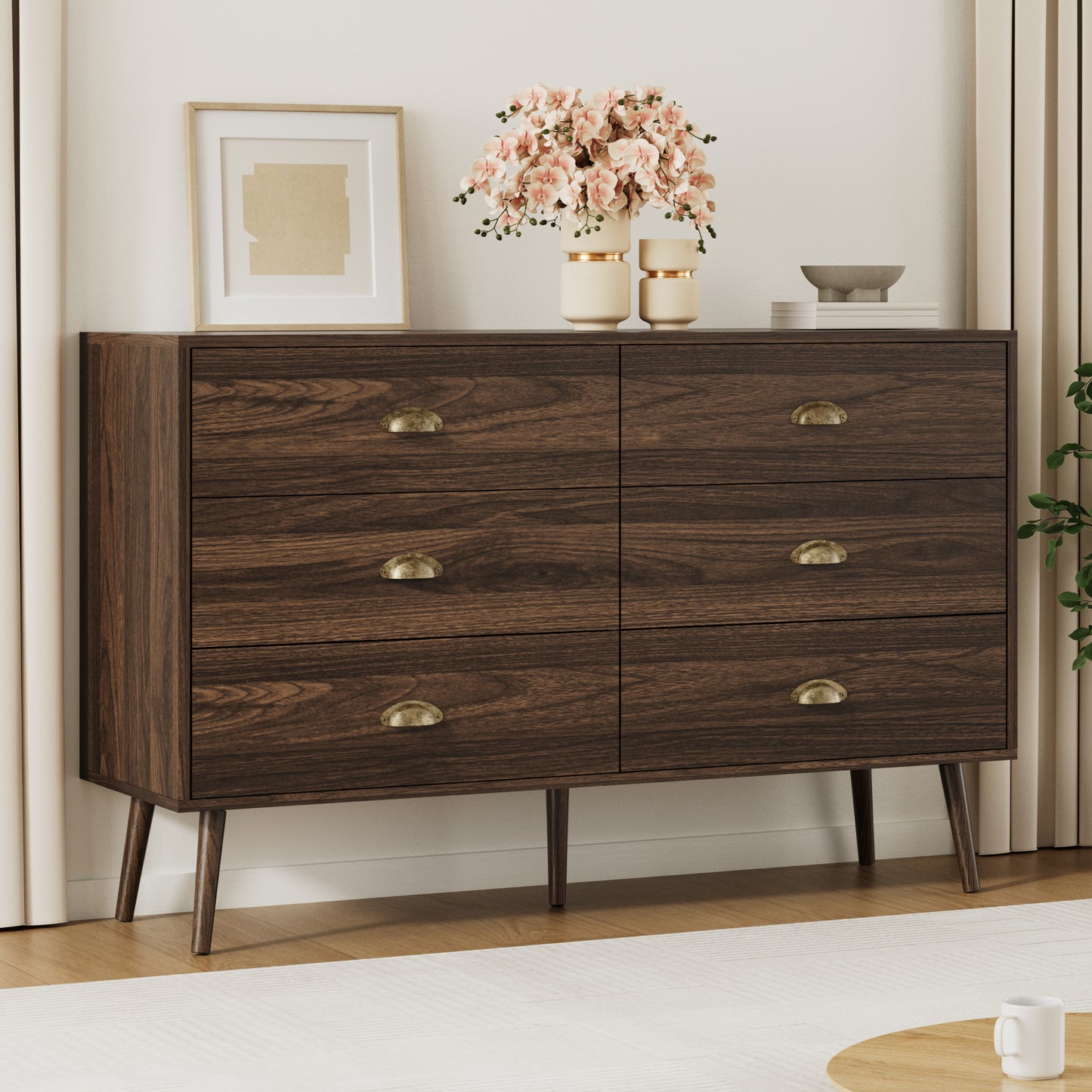 Mid-Century 6 Drawer Dresser with Shell-shape Handles,Wood Storage Cabinet for Living Room,Bedroom