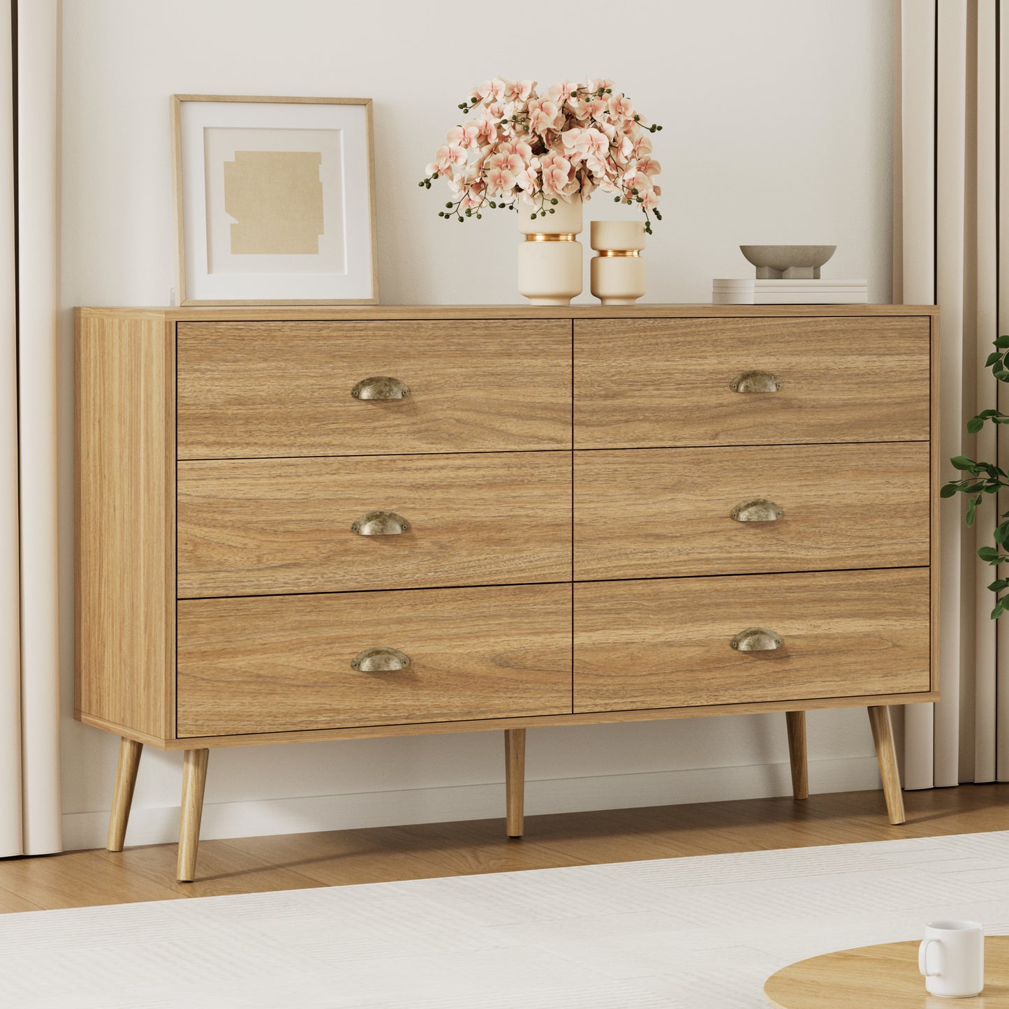 Mid-Century 6 Drawer Dresser with Shell-shape Handles,Wood Storage Cabinet for Living Room,Bedroom