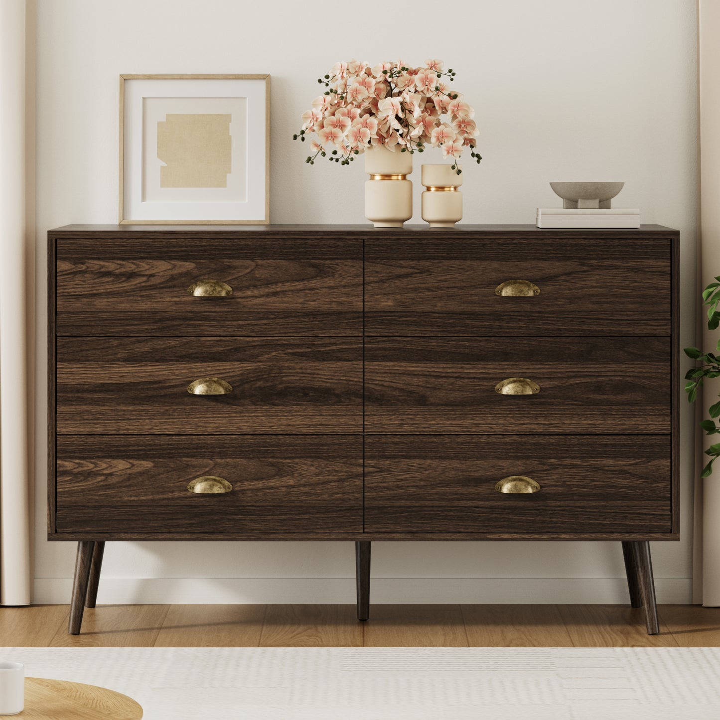 Mid-Century 6 Drawer Dresser with Shell-shape Handles,Wood Storage Cabinet for Living Room,Bedroom