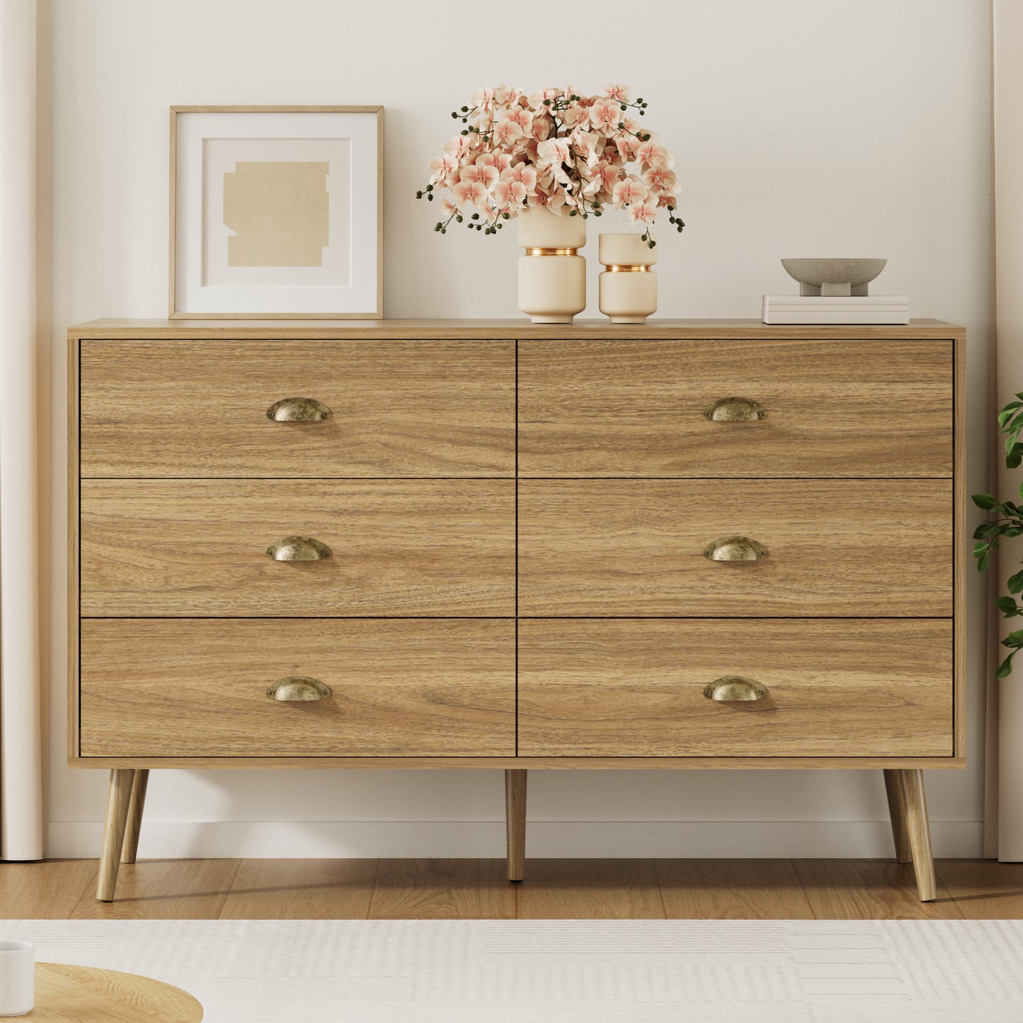Mid-Century 6 Drawer Dresser with Shell-shape Handles,Wood Storage Cabinet for Living Room,Bedroom