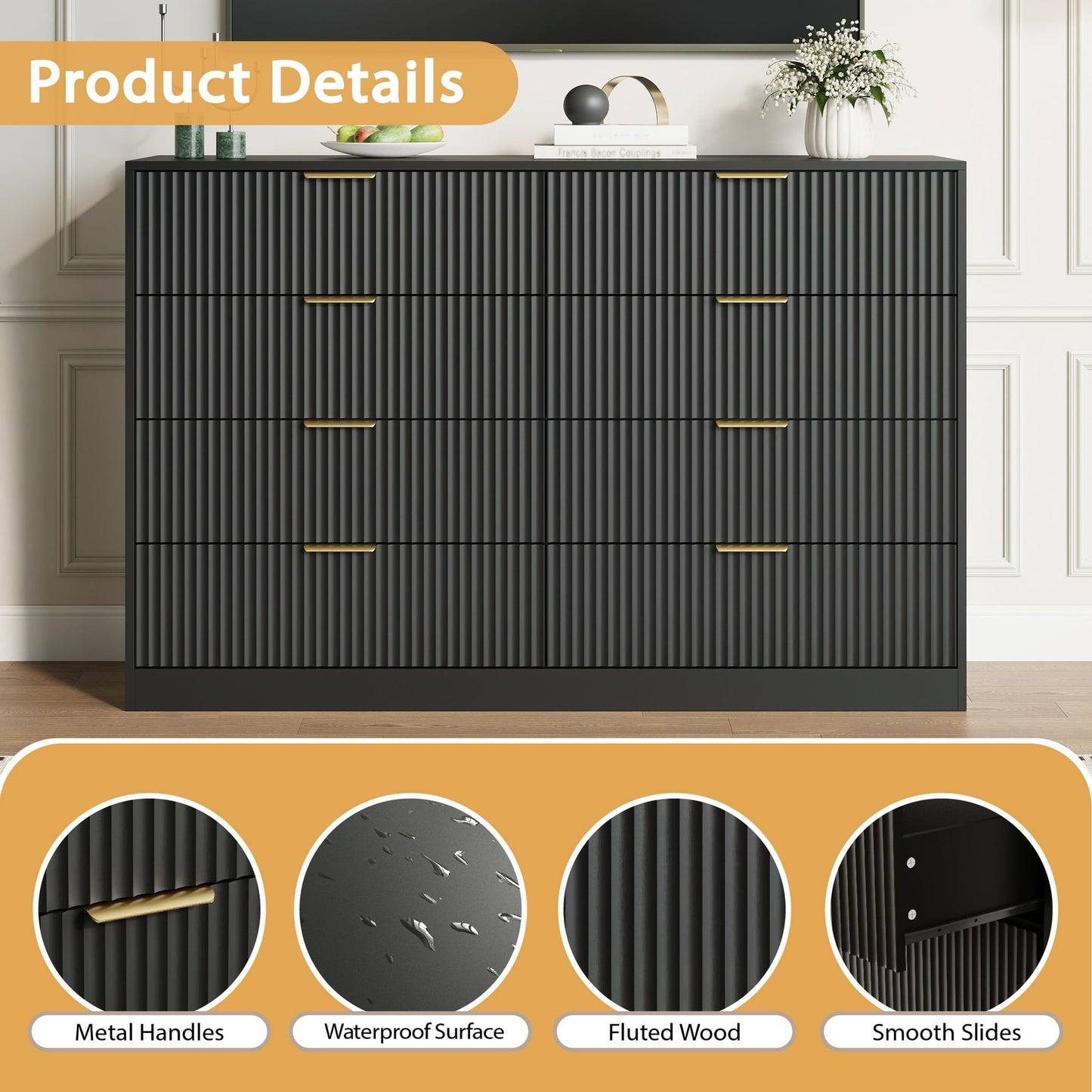 8 Drawer Dresser with for Bedroom,Modern Fluted Wood Chest of Drawer with Golden Embedded Handles for Living Room,Hallway