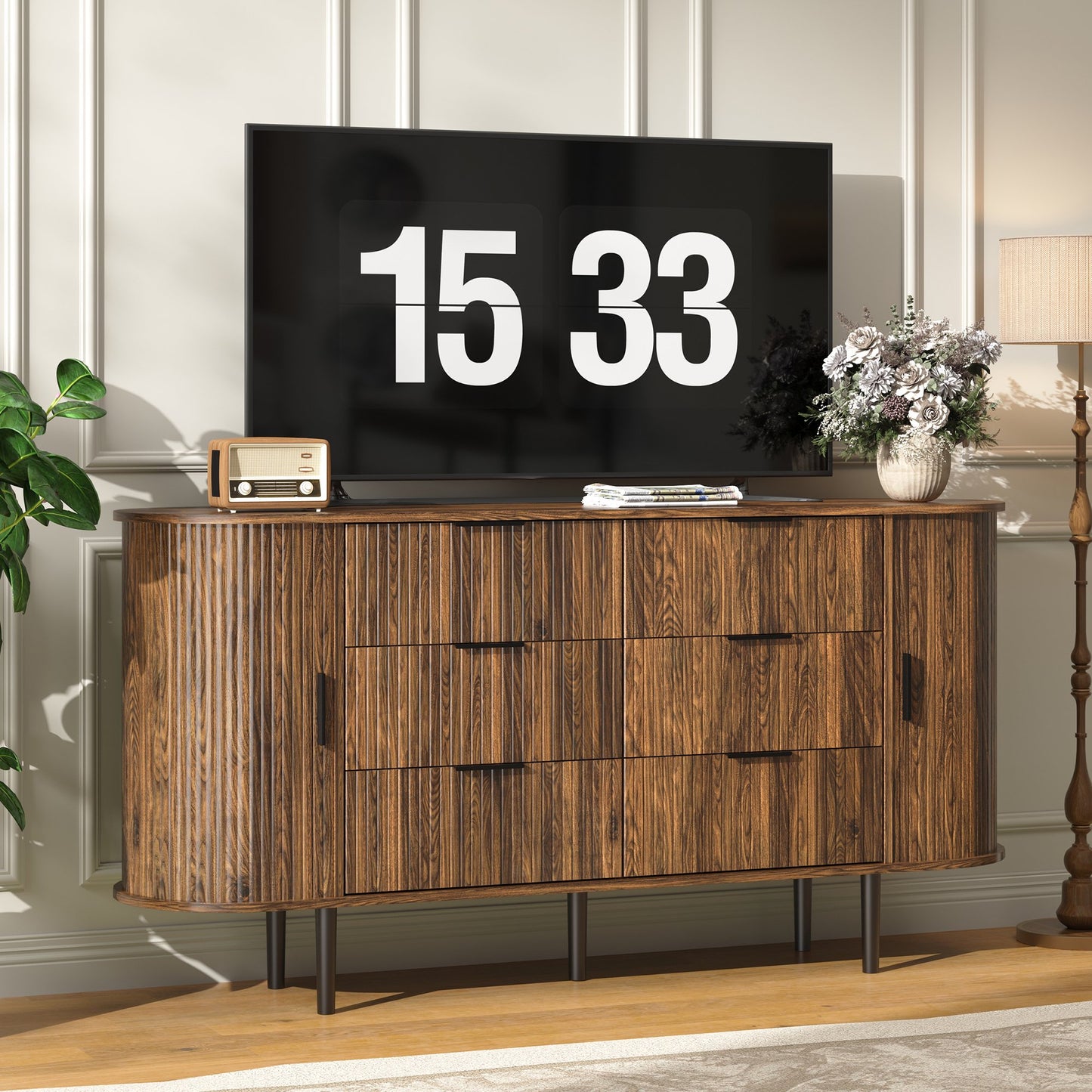 ASTUVIA Fluted 6 Drawers Dresser, 63'' Wide Modern Chest of Drawers with Sideboard,Curved Profile & Sturdy Legs, Dresser TV Stand for Bedroom, Living Room