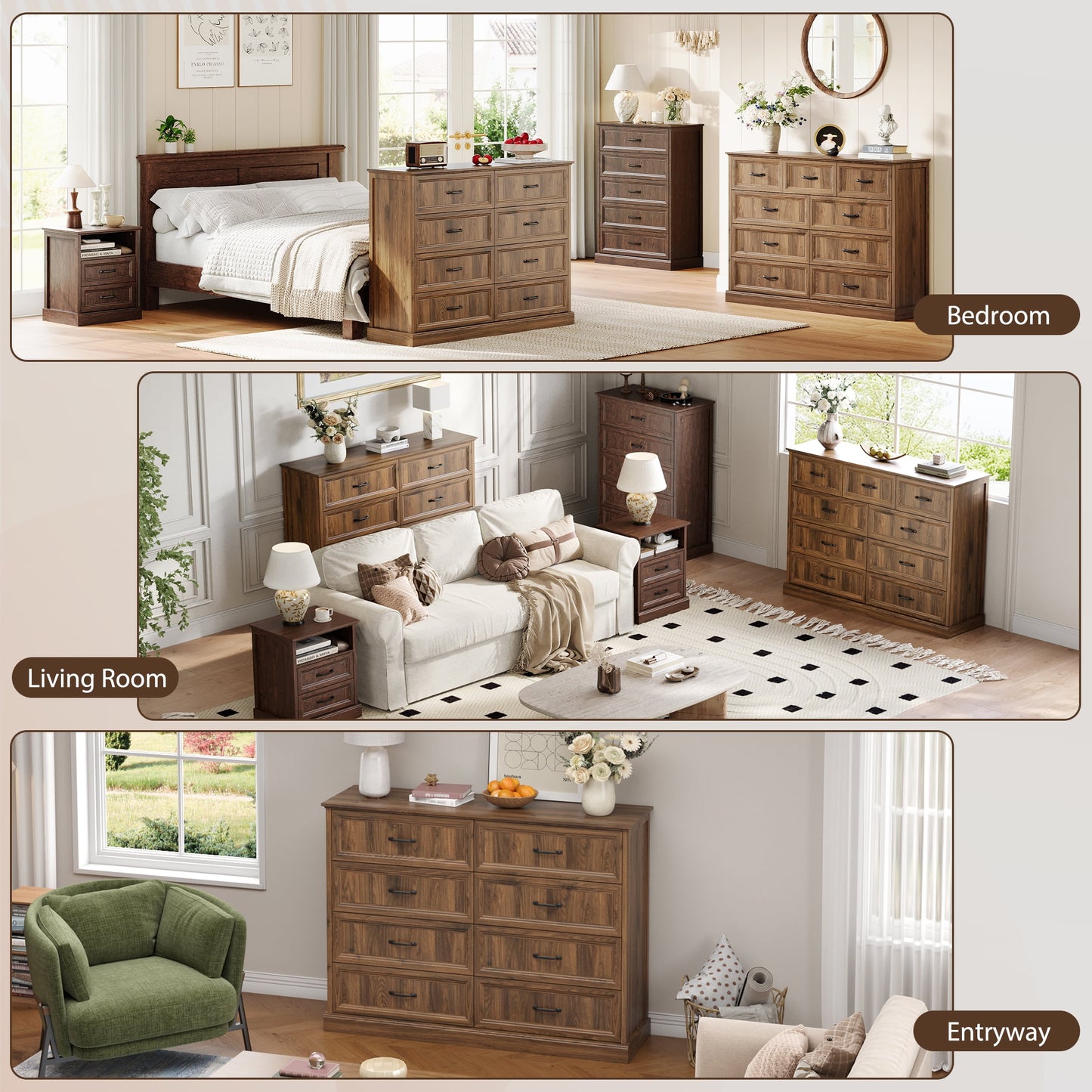 YouTrend Rustic 9-Drawer Wood Dresser, Large Storage Chest Organizer with Metal Handles for Bedroom, Living Room, Farmhouse Style Furniture,Gray