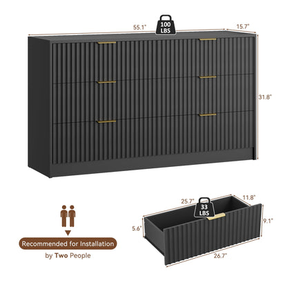 YouTrend 6 Drawer Dresser for Bedroom,55.1"Width Fluted Wood Chest of Drawer with Golden Embedded Handles for Living Room,Black