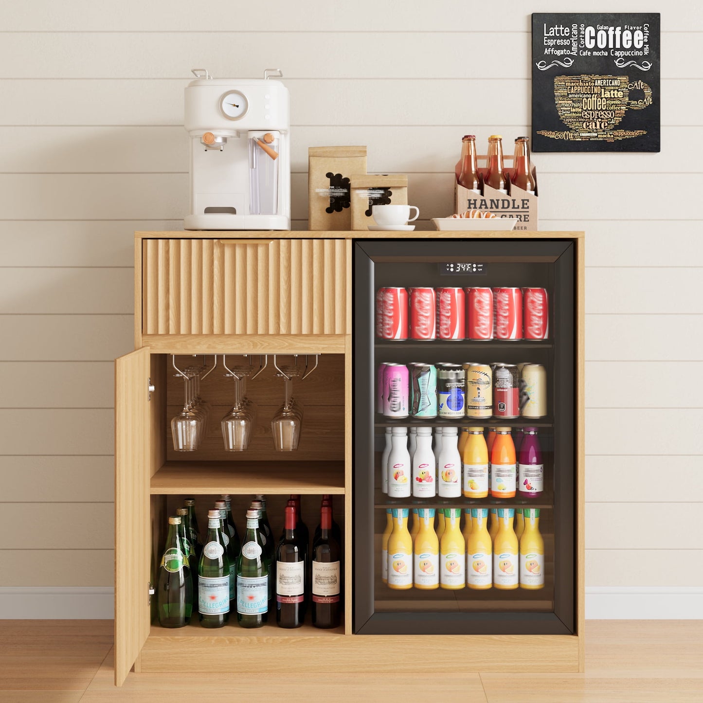 ASTUVIA Mini Fridge Cabinet with Power Outlet,Fluted Coffee Bar Cabinet with Mini Fridge Space,Buffet Sideboard with Drawers,Natural