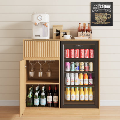 ASTUVIA Mini Fridge Cabinet with Power Outlet,Fluted Coffee Bar Cabinet with Mini Fridge Space,Buffet Sideboard with Drawers,Natural