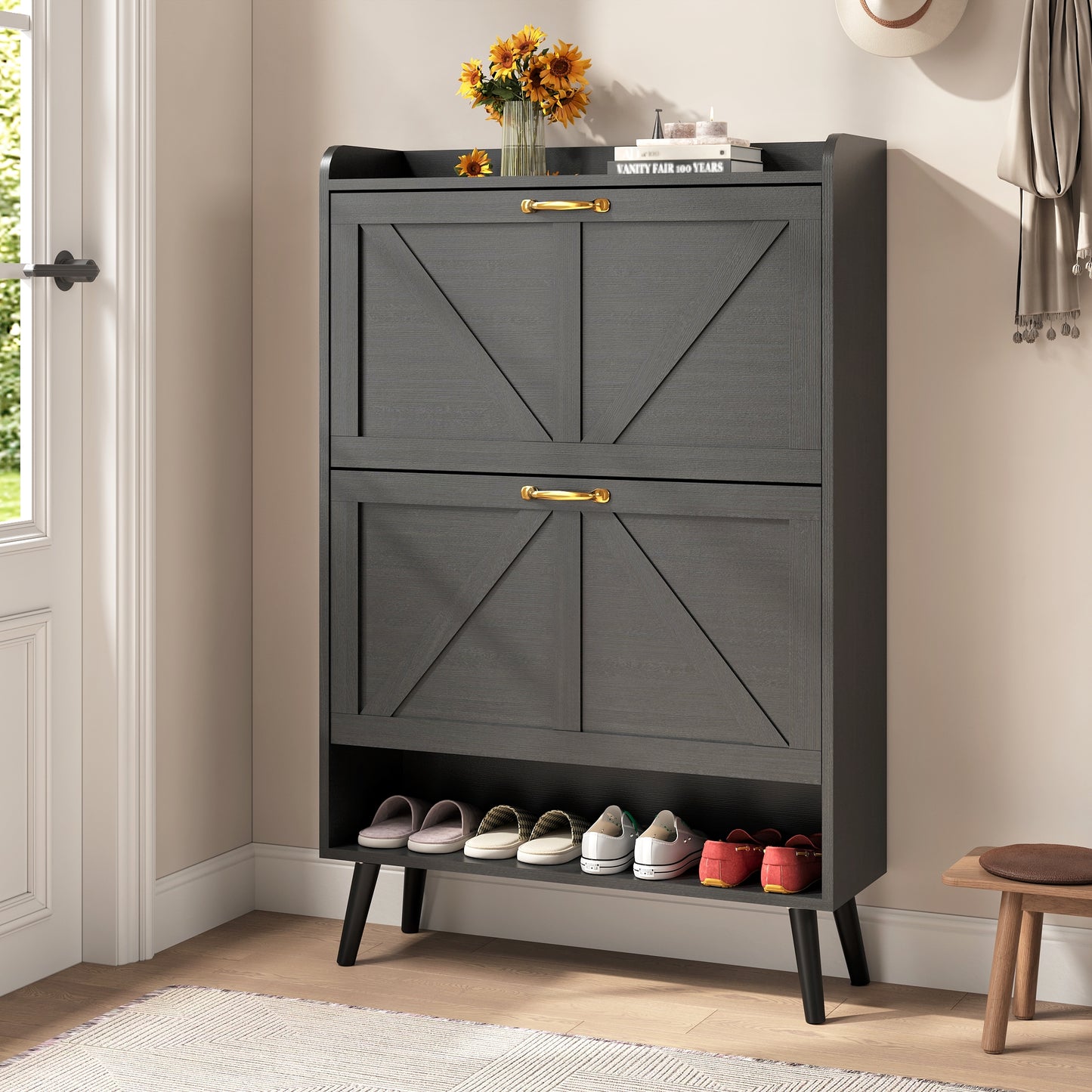 Shoe Storage Cabinet with 2 Flip Drawers, Farmhouse Shoe Organizer for Entryway