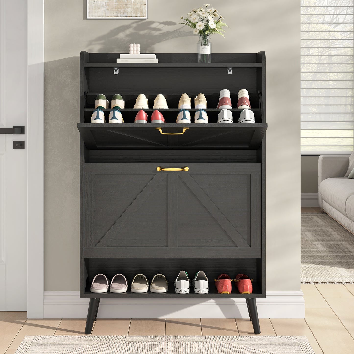 Shoe Storage Cabinet with 2 Flip Drawers, Farmhouse Shoe Organizer for Entryway