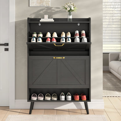 Shoe Storage Cabinet with 2 Flip Drawers, Farmhouse Shoe Organizer for Entryway