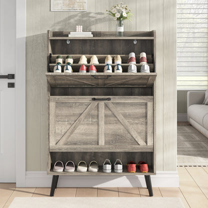 Shoe Storage Cabinet with 2 Flip Drawers, Farmhouse Shoe Organizer for Entryway