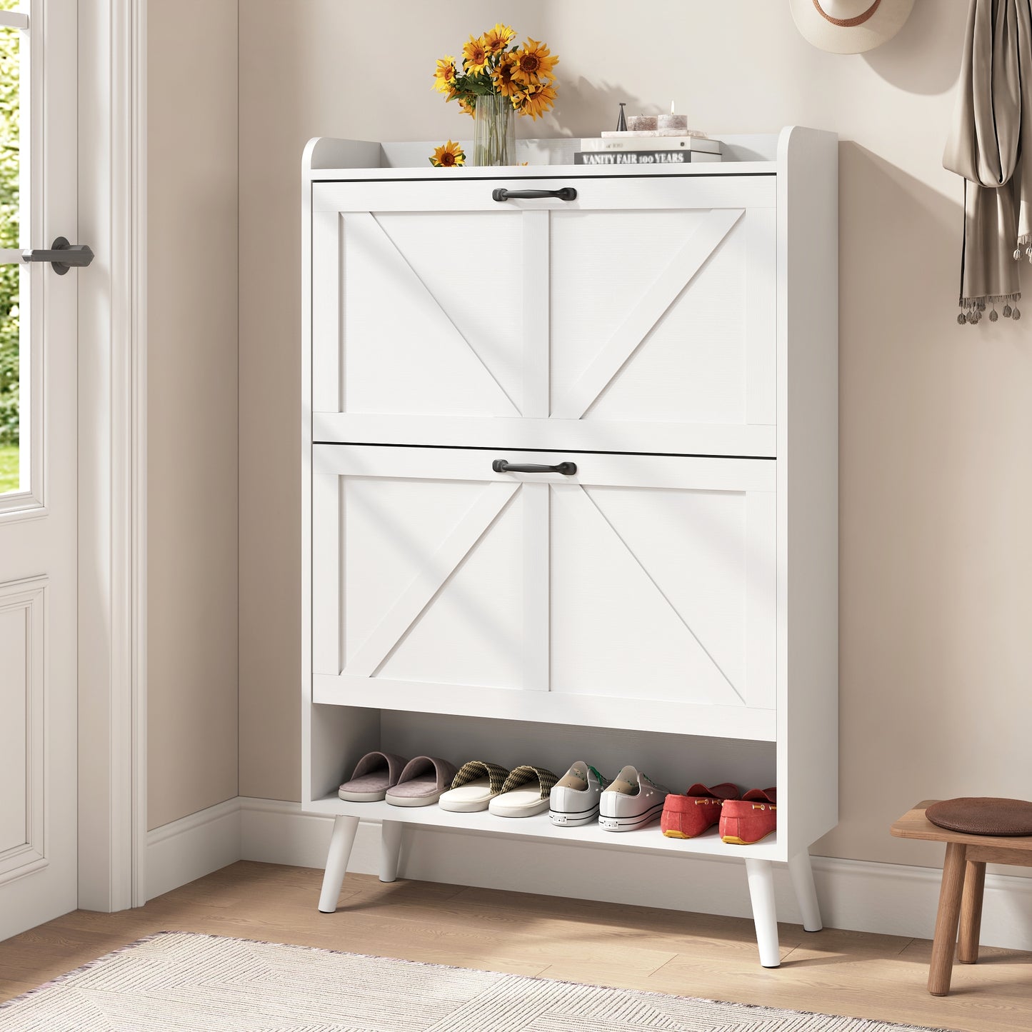 Shoe Storage Cabinet with 2 Flip Drawers, Farmhouse Shoe Organizer for Entryway
