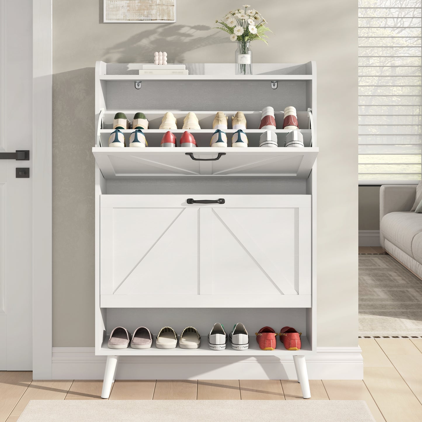 Shoe Storage Cabinet with 2 Flip Drawers, Farmhouse Shoe Organizer for Entryway