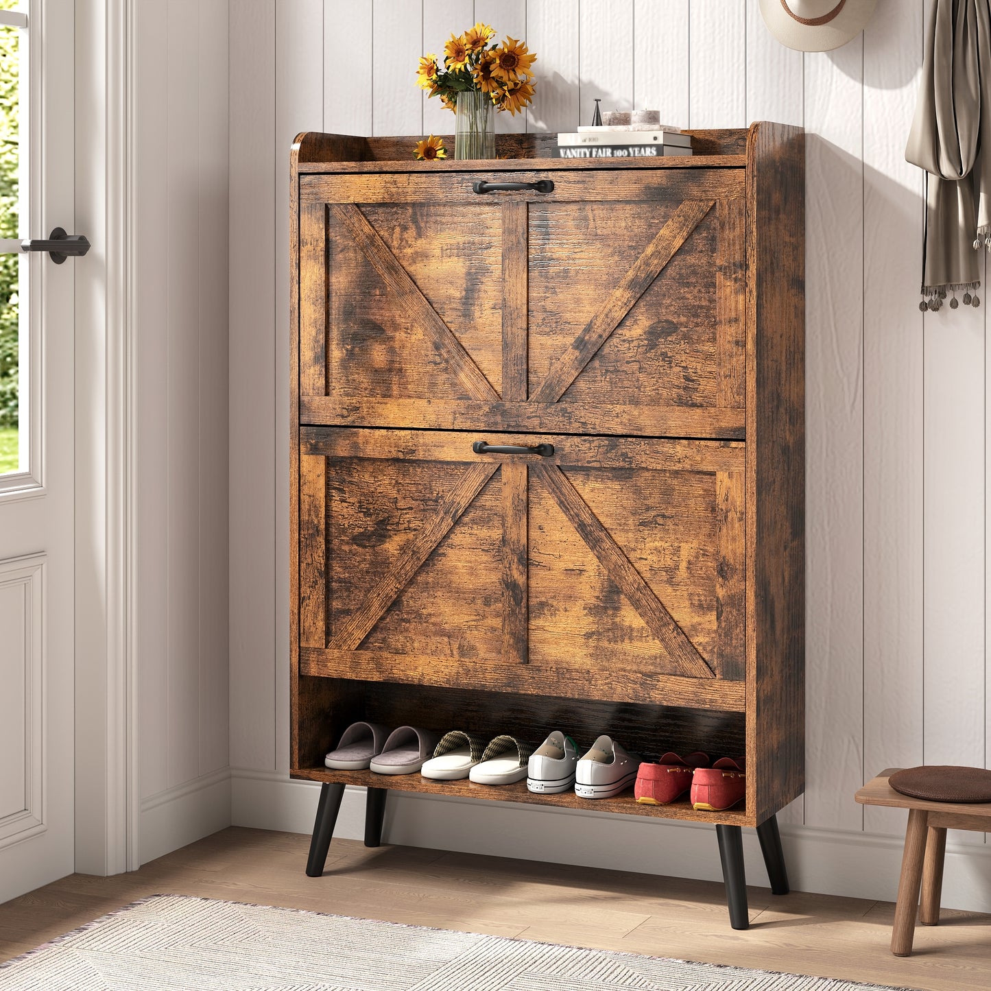 Shoe Storage Cabinet with 2 Flip Drawers, Farmhouse Shoe Organizer for Entryway