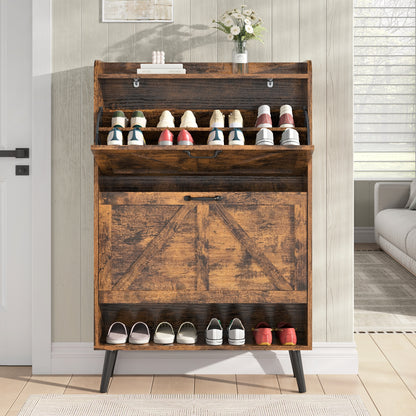 Shoe Storage Cabinet with 2 Flip Drawers, Farmhouse Shoe Organizer for Entryway