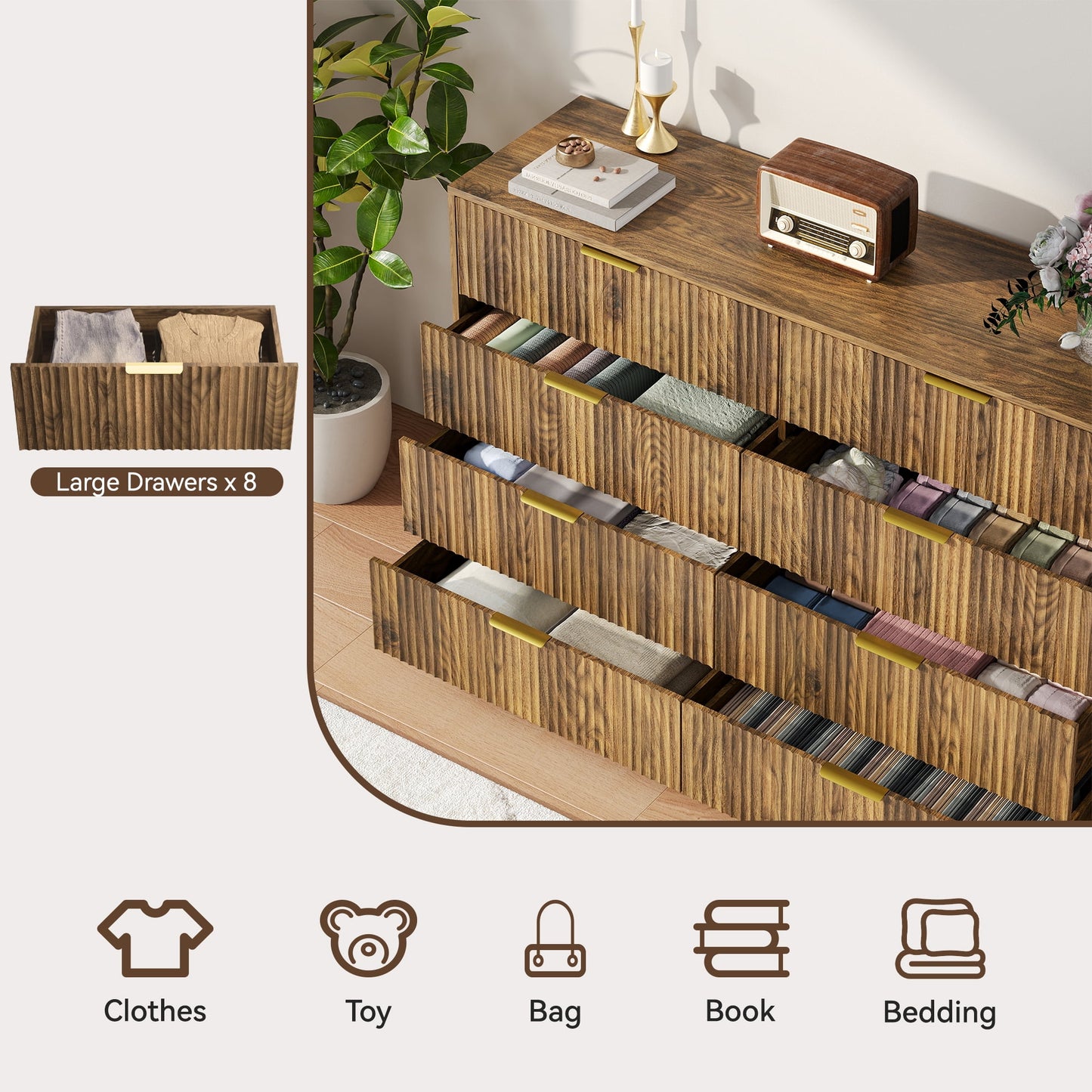 YouTrend 7 Drawer Dresser and Nightstand Sets for Bedroom,3 Piece Bedroom Dresser Set,Fluted Dressers and Nightstands, Modern Bedroom Set