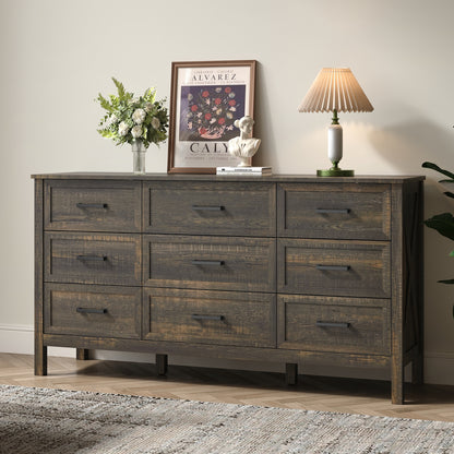 9 Drawer Farmhouse Dresser,Wood Adult Rustic Chest of Drawer with Metal Handles for Bedroom Living Room Hallway