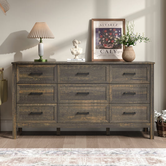 9 Drawer Farmhouse Dresser,Wood Adult Rustic Chest of Drawer with Metal Handles for Bedroom Living Room Hallway