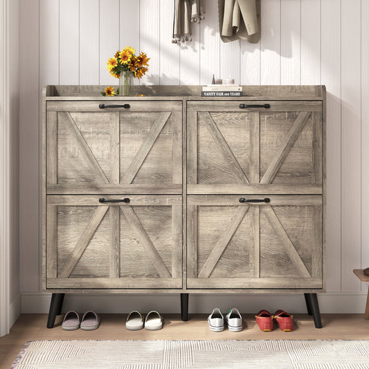 Shoe Storage Cabinet with 4 Flip Drawers, Farmhouse Shoe Organizer for Entryway