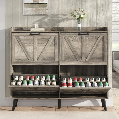 Shoe Storage Cabinet with 4 Flip Drawers, Farmhouse Shoe Organizer for Entryway