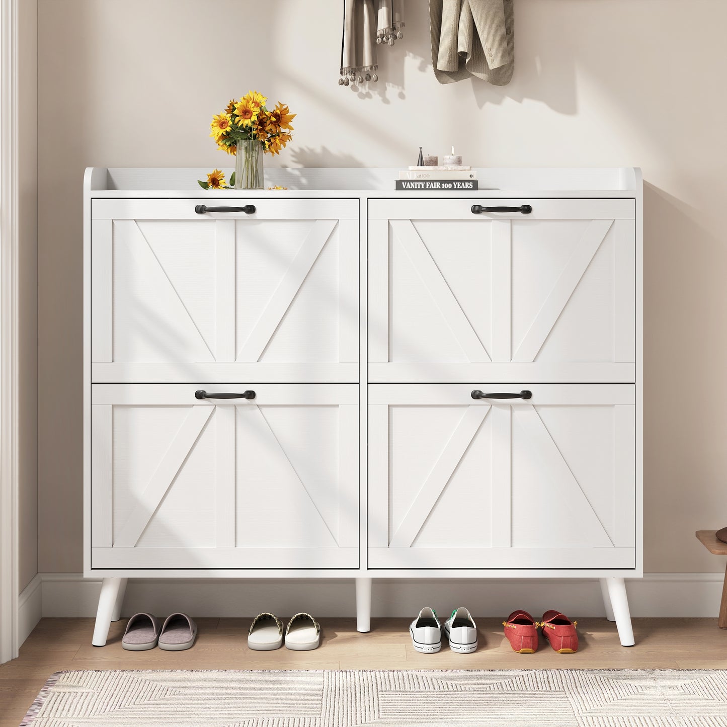 Shoe Storage Cabinet with 4 Flip Drawers, Farmhouse Shoe Organizer for Entryway
