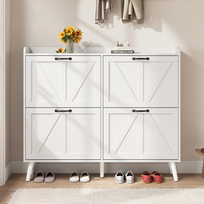 Shoe Storage Cabinet with 4 Flip Drawers, Farmhouse Shoe Organizer for Entryway