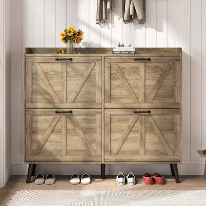 Shoe Storage Cabinet with 4 Flip Drawers, Farmhouse Shoe Organizer for Entryway
