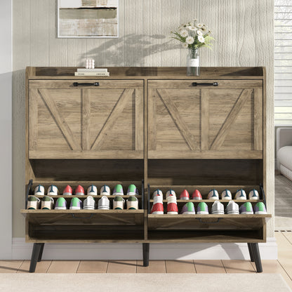 Shoe Storage Cabinet with 4 Flip Drawers, Farmhouse Shoe Organizer for Entryway