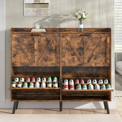 Shoe Storage Cabinet with 4 Flip Drawers, Farmhouse Shoe Organizer for Entryway