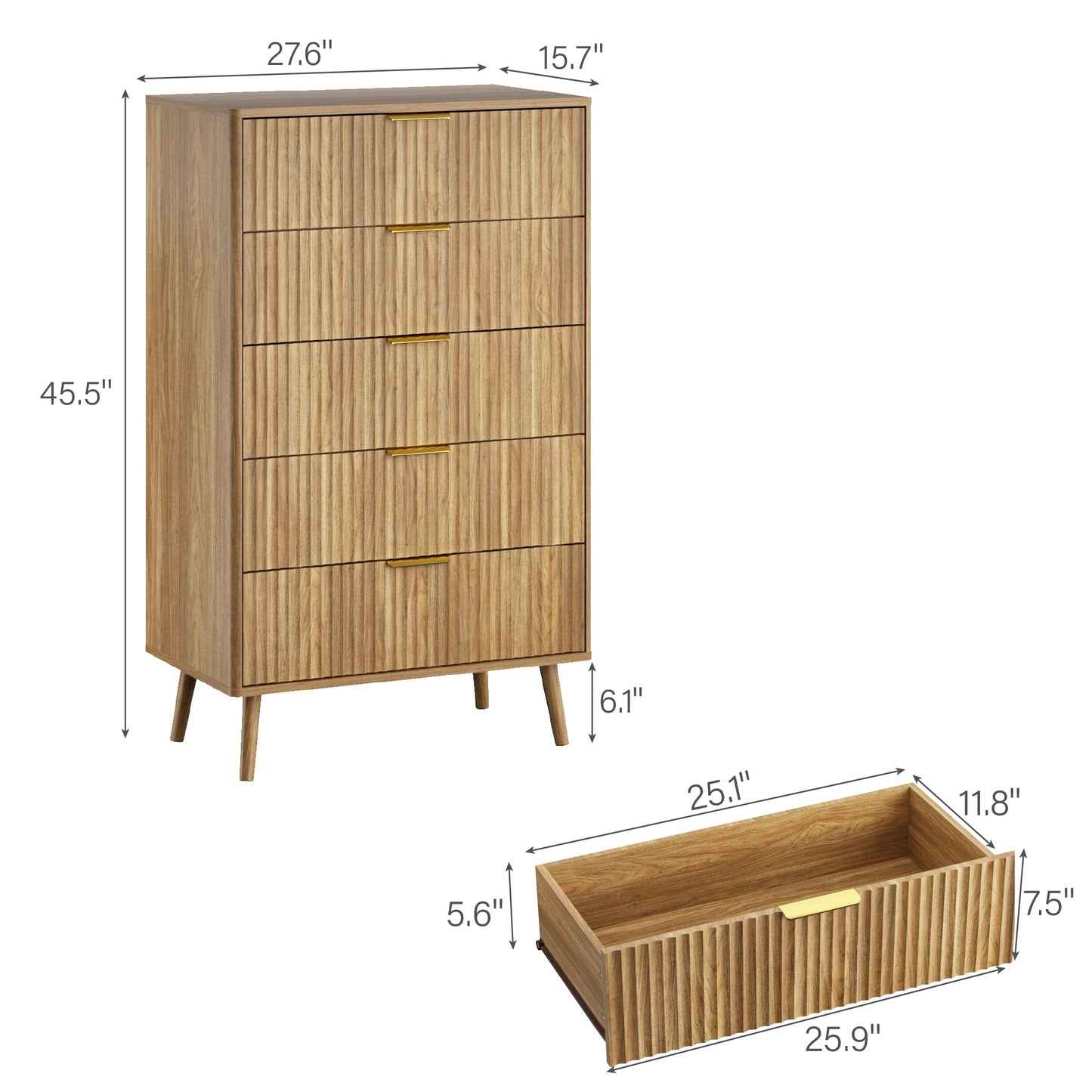 YouTrend 5 Drawer Dresser for Bedroom,Tall Dresser with Metal Handle,Fluted Dresser Modern Storage Cabinet for Home Office Living Room,White